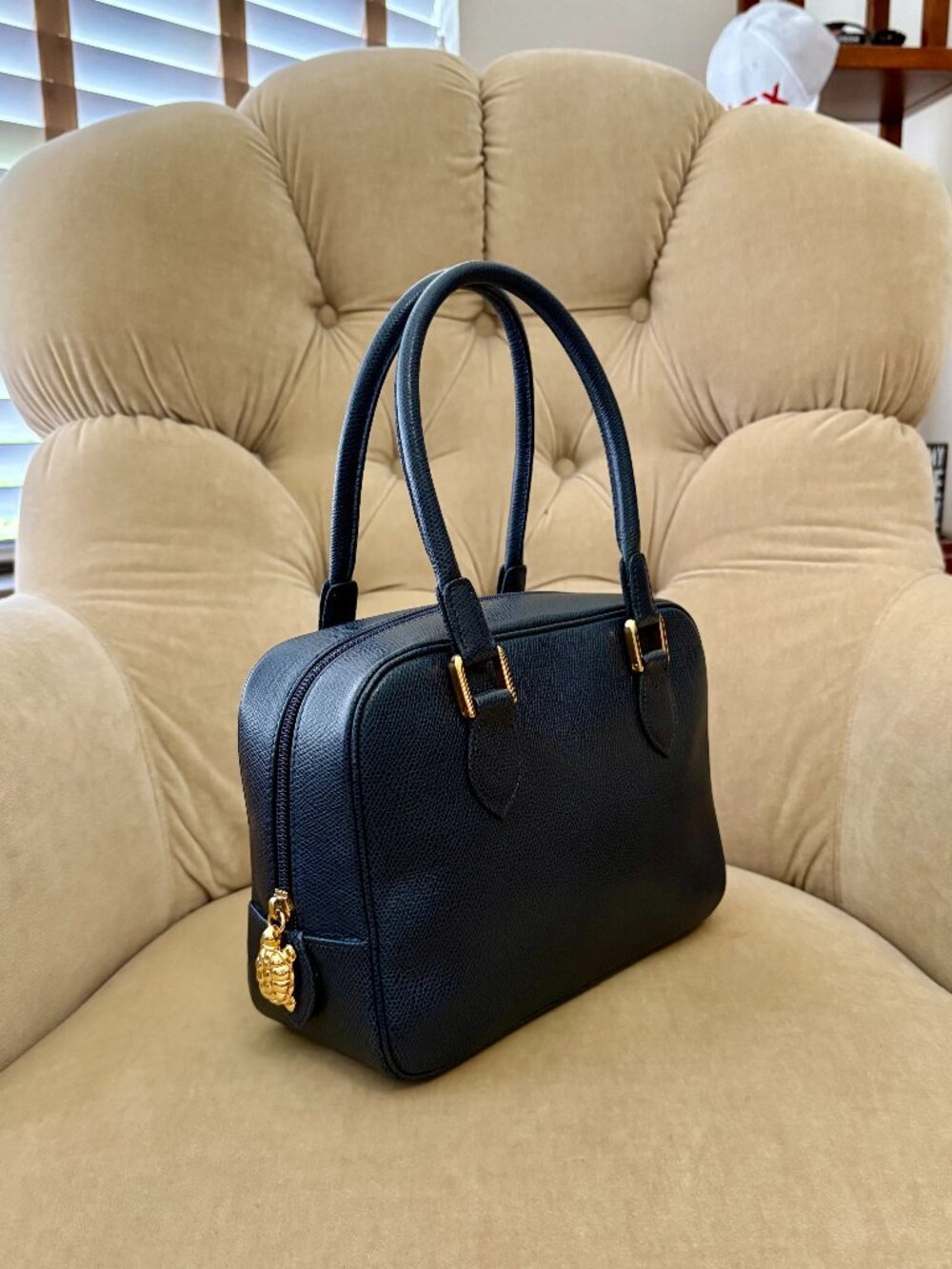 VTG Auth.MORABITO PARIS Textured Leather Navy Blue BOX Satchel Bag